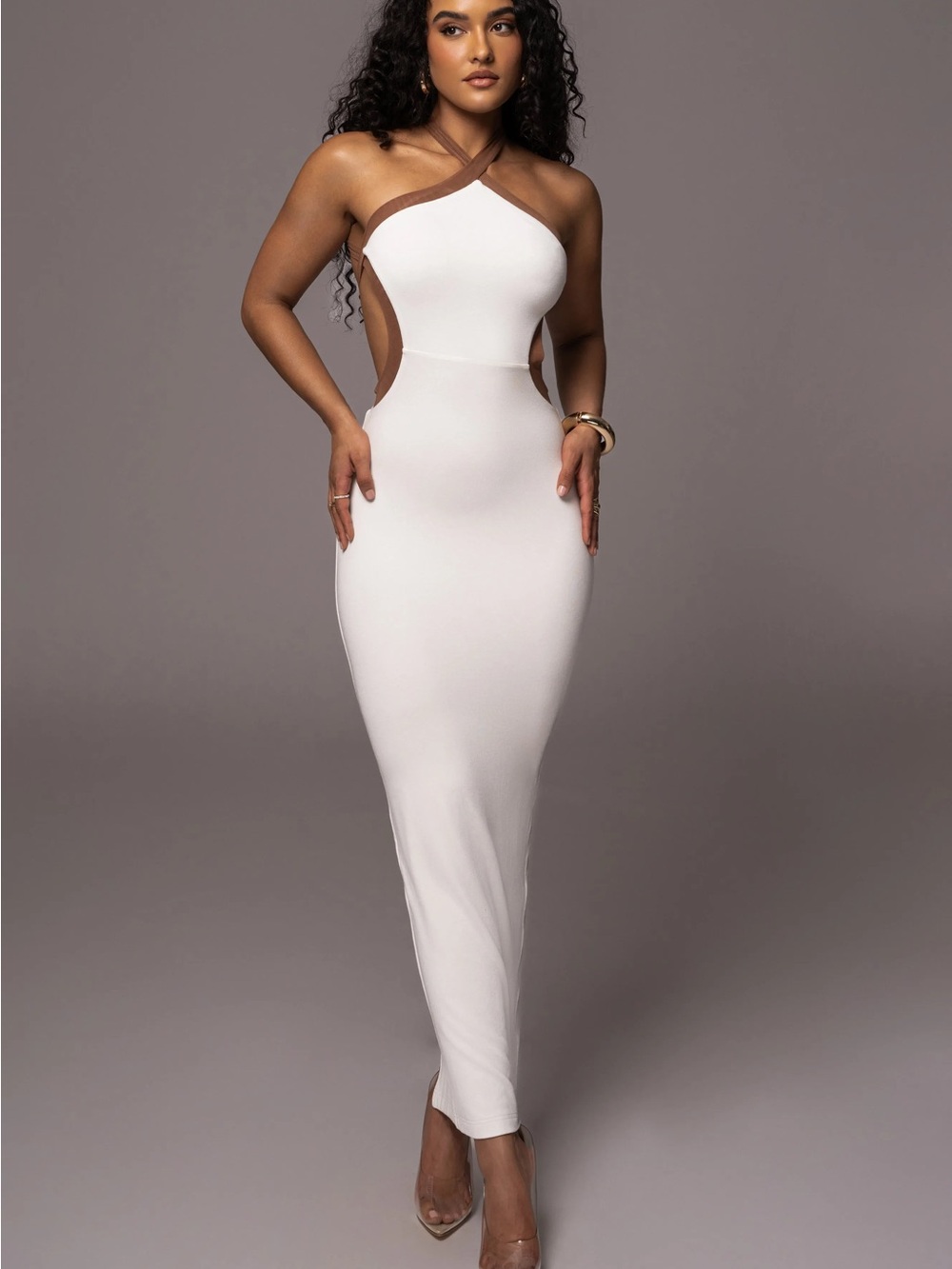 JLUXLABEL White Halter Maxi Dress with Brown Trim